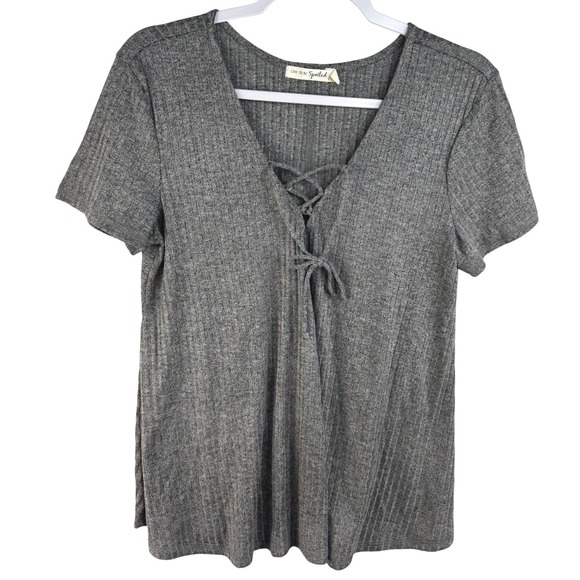 Live to be Spoiled Tops - Live To Be Spoiled Womens Large Grey Ribbed Lace Up V-Neck Short Sleeve Top
